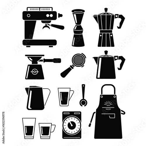 Barista tools vector bundle with espresso machine, milk frother, tamper, grinder, portafilter, coffee scale, pitcher, and knock box