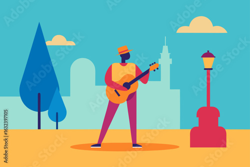 musician playing in sunny plaza
