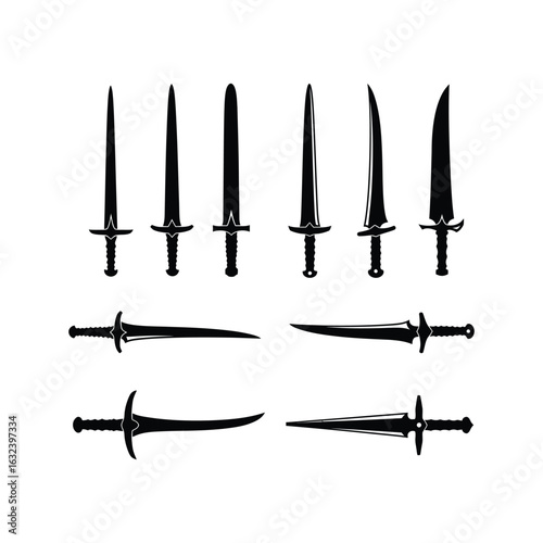 A diverse set of ancient and fantasy weapon silhouettes, including longswords, sabers, and daggers. An icon collection for medieval combat.