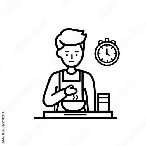 A person wearing an apron is cooking with a bowl and there is a timer next to them on the right side