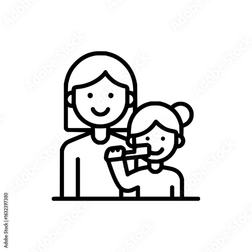 A woman is helping a child to brush their teeth with a toothbrush in a black and white line drawing style