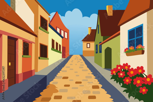 sunlit european village cobblestone street charm