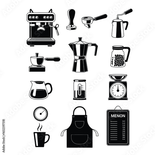 Barista tools vector bundle with espresso machine, tamper, portafilter, milk frother, coffee grinder, and steaming pitcher