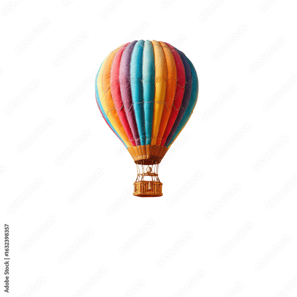 Fototapeta premium Colorful hot air balloon illustration. A vibrant, multi-colored hot air balloon, with a basket underneath, against a black background. The balloon's fabric is striped in rainbow hues