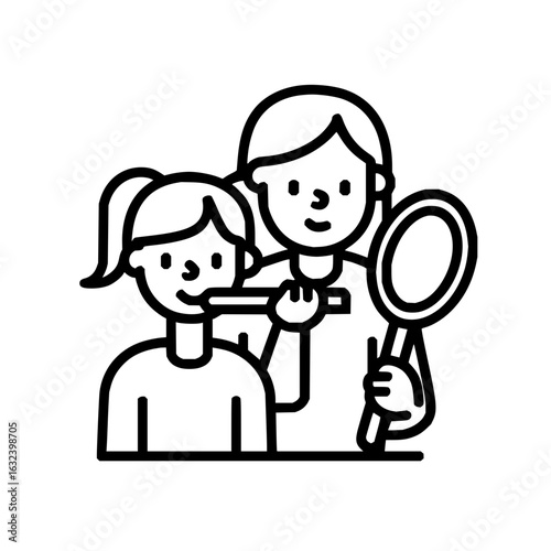 Illustration of a woman brushing the teeth of another person while holding a mirror for assistance view