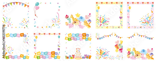 お祝いパーティSNS用フレーム｜正方形のベクターフレームアソートセットBタイプ(Party Celebration SNS Frame – Square Vector Frame Assortment Set Type B)