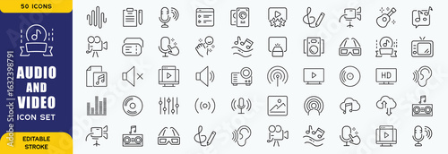 Audio Video Icons  sets. Thin line icons set. Flat icon collection set. Simple vector icons set