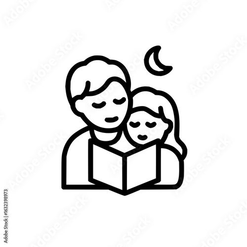 A parent reading a book to a child under a crescent moon in a simple black and white line drawing style