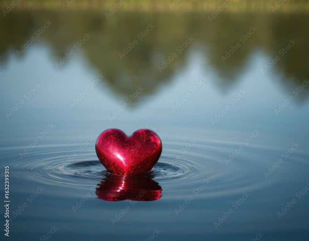 Fototapeta premium A romantic red heart decoration symbolizing love and passion floating in water on Valentine's Day