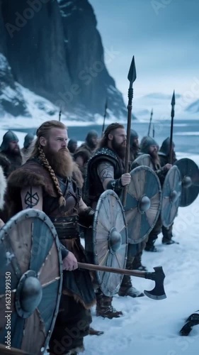 Fierce Viking Warriors with Braided Beards Holding Shields and Axes in a Snowy Mountain Landscape