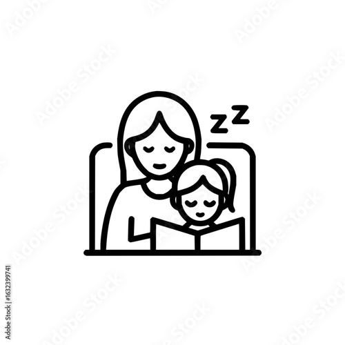 Illustration of a mother and daughter reading a book together with sleep symbols indicating tiredness or sleep
