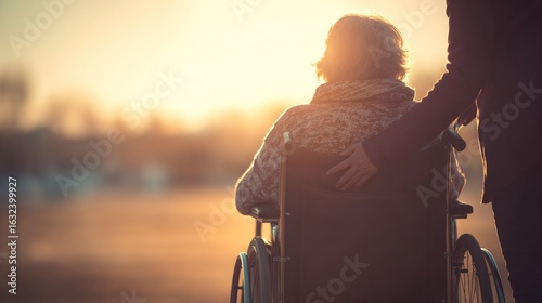 An elderly person in a wheelchair is silhouetted against a warm sunset with a caregiver offering comforting support,