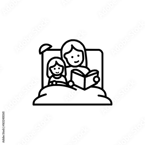 Mother and daughter reading a book together in bed under a blanket with a pillow in a simple line art