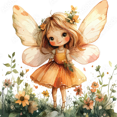 Little girl with fairy wings on a flower surrounded by butterflies