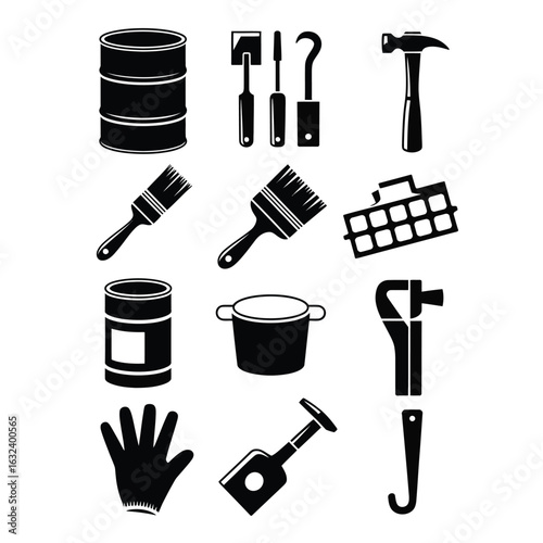 Black and white vector bundle of 12 metalworking and recycled oil drum tools including chisel, hammer, and paint brush