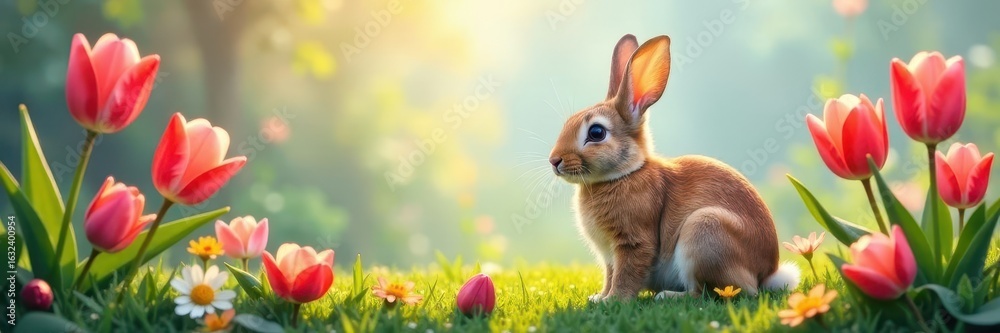 Fototapeta premium Realistic painted rabbit sitting amidst blooming spring tulips , wildlife, animal