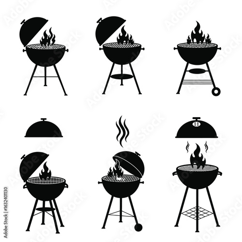 Barbecue Grill Silhouettes with Flames and Smoke cooking
