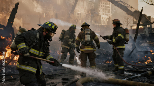 Firefighters battling a blaze amidst debris and smoke in an urban setting.