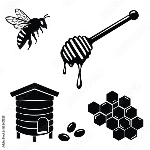 Black and white icons related to beekeeping and honey production
