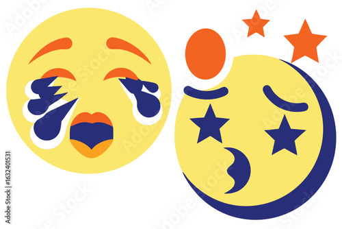 High quality Two crying and dizzy emoji faces with stars and circles tears upset