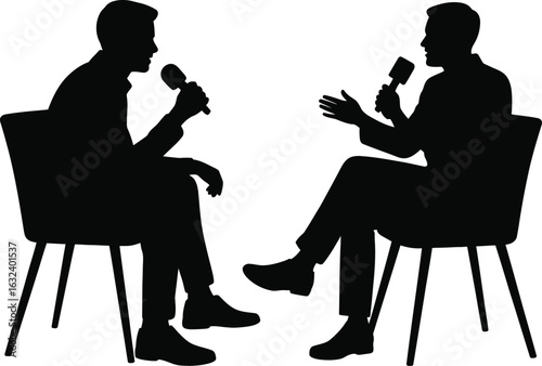 Silhouette of Two Men in Interview Discussion with Microphones Vector