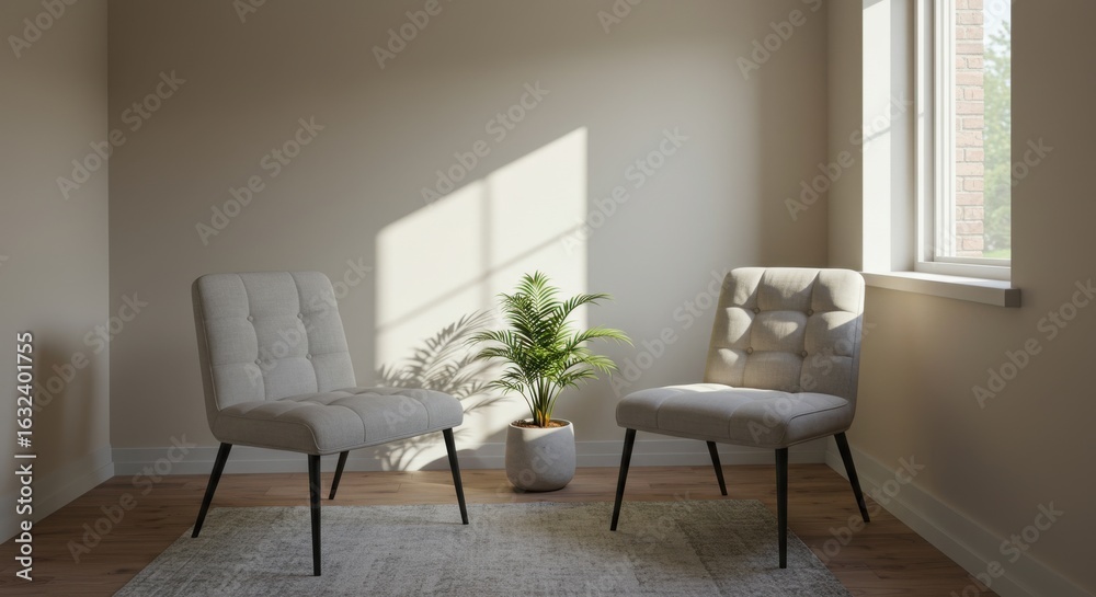 Fototapeta premium A modern, minimalistic room with two tufted chairs on a rug, a potted plant, and sunlight streaming through a window