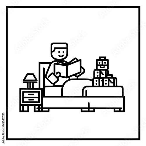 A person reading a book in bed with a bedside table and a stack of blocks in a black and white outline