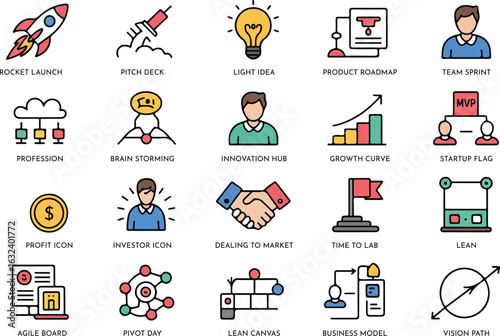Startup and business strategy icons set