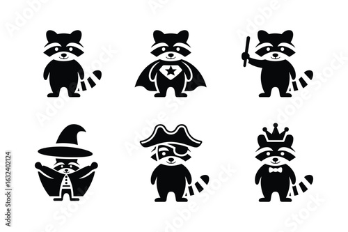 Raccoons dressed as superhero wizard pirate and king animal character