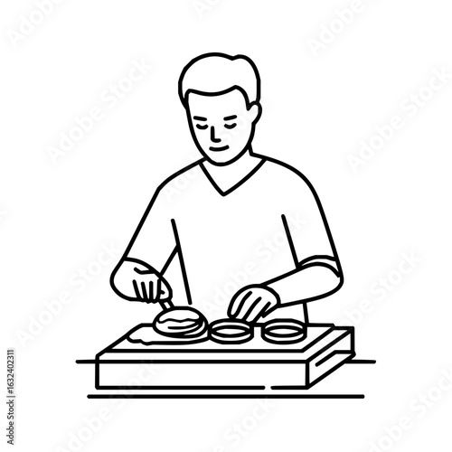 A person in a lab coat is preparing samples in petri dishes on a lab bench with a scientific tool used carefully