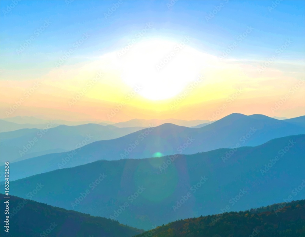 Obraz premium Vast blue mountain layers fading into a bright sunrise horizon