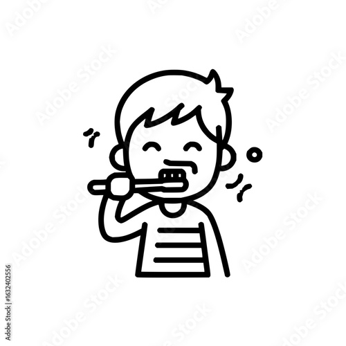 A cartoon boy with spiky hair and a striped shirt is brushing his teeth with a toothbrush happily today