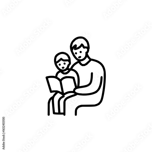 Father and son reading a book together in a simple black and white line drawing sitting closely together