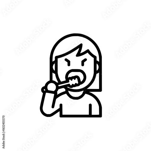 Illustration of a woman with short hair brushing her teeth with a toothbrush in a minimalist style
