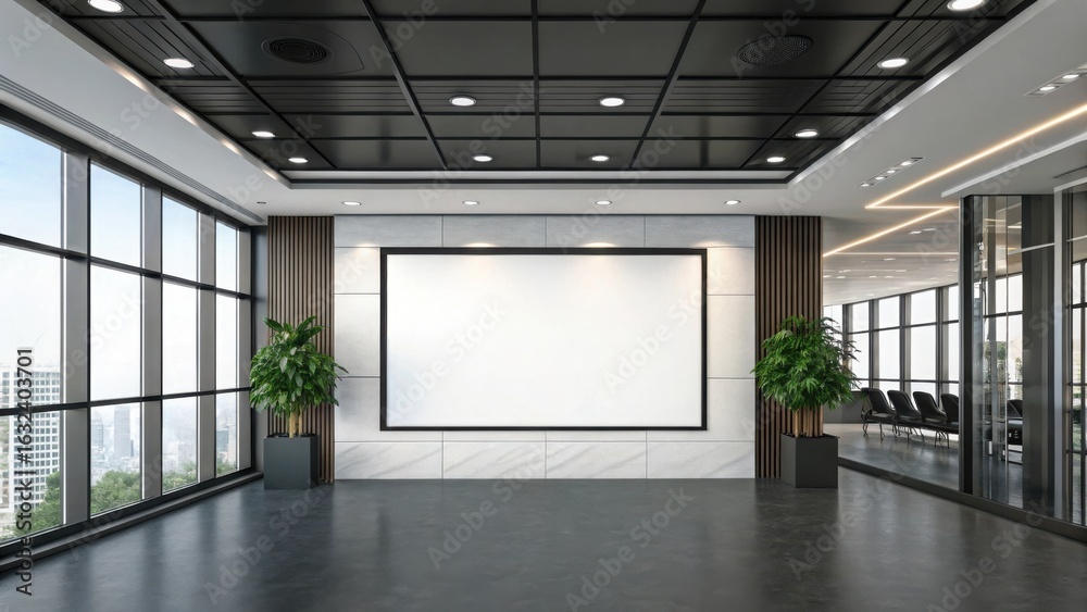 Fototapeta premium Modern office interior with white screen and city view