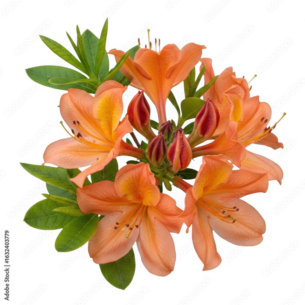 Fototapeta premium Vibrant orange azalea blossoms with green leaves isolated on transparent background
