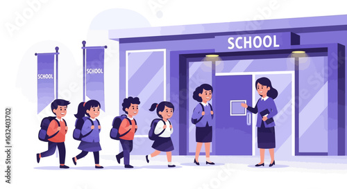 Children walking towards school building entrance with teacher greeting them, ready for class.