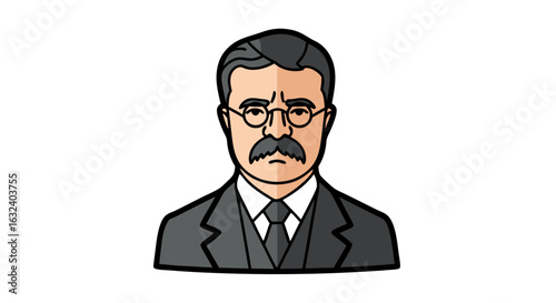 Illustrative Portrait of a Statesman with Distinctive Mustache and Eyeglasses Wearing Formal Attire