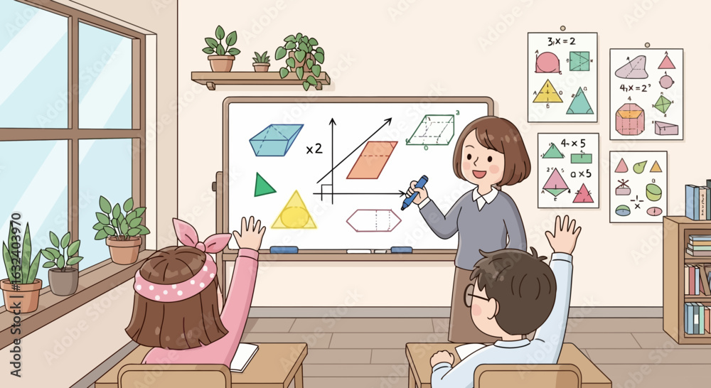 Fototapeta premium A teacher explains geometry on a whiteboard to two students in a bright classroom setting.