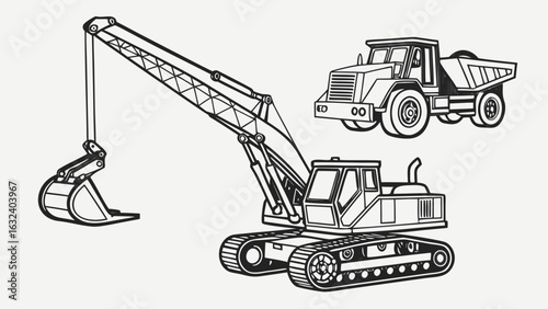 Heavy excavator construction machinery truck with a raised hydraulic lift arm on a white background
