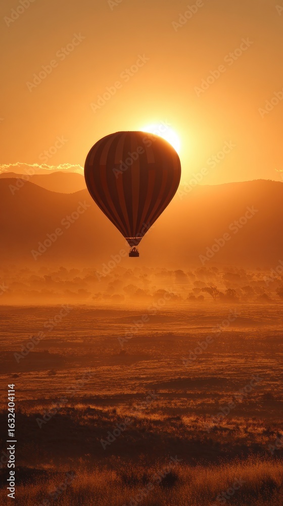 Naklejka premium Sunrise hot air balloon over a hazy landscape