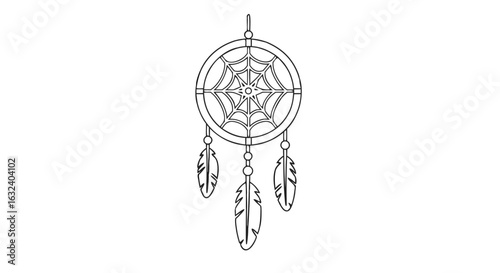 Monochrome Native American dreamcatcher illustration on a white background, artistic creation featuring a circular web and delicate feathers
