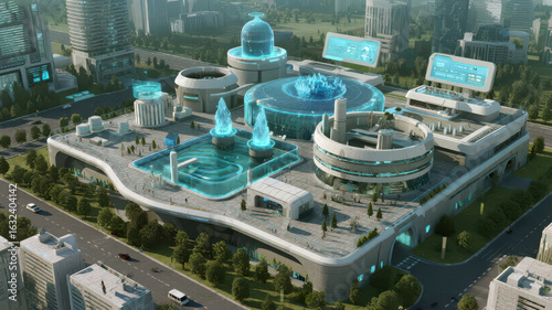 Futuristic Urban Complex with Advanced Architectural Design and Holographic Displays