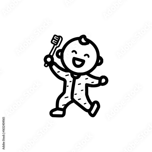 Illustration of a baby in pajamas happily running with a toothbrush in its hand on a white background