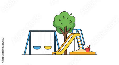 Minimalist Playground Illustration with Swings, Slide and Sandbox Creating a Playful Atmosphere with a Tree Backdrop
