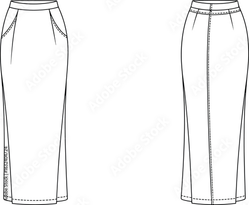 CAD drawing, flat vector illustration, long pencil skirt, high waist skirt, fashion technical sketch, front and back view, apparel design, sewing pattern
