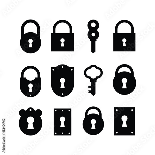 A diverse collection of black silhouette icons featuring various padlocks, keys, and keyholes, representing concepts of security and access