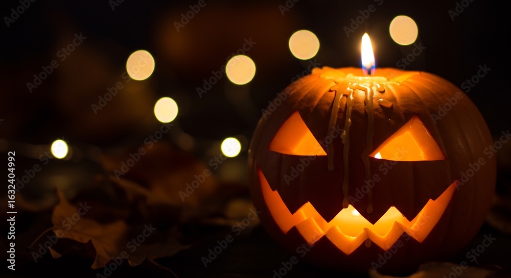 Naklejka premium Halloween pumpkin lit with a candle sitting on leaves in the dark with bokeh lights in the background