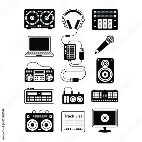 DJ tools vector bundle with turntable, mixer, headphone, laptop, mic, speaker, USB stick, audio cable, lighting controller, and fader knob
