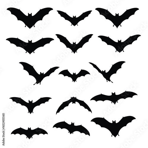 Collection of black bat silhouettes in flight and perched on white Keywords: bat, bats, silhouette, flying, flight, animal, creature, mammal
